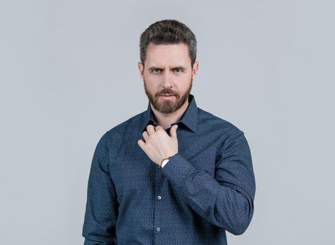 Bearded man wear fashion shirt in casual style for informal occasion grey background, outfitting.