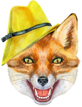 Fox portrait in yellow hat. Watercolor orange fox painting illustration. Beautiful wildlife world
