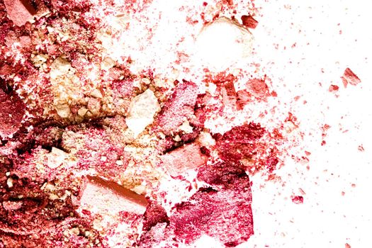 Powder cosmetics, mineral organic eyeshadow, blush or crushed cosmetic product isolated on white background, makeup and beauty banner, flatlay design.