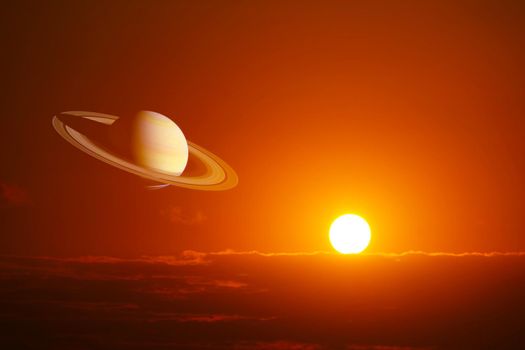 saturn and the sun view on planet sunset on skyline, Elements of this image furnished by NASA