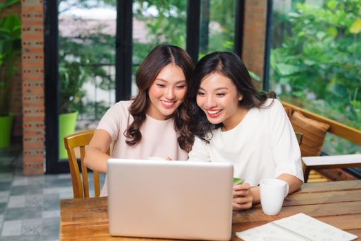 Happy relaxed young female friends doing online shopping through laptop and credit card in living room
