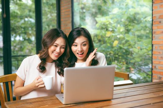 Two multiracial young female friends surfing the internet together on a laptop as they sit in a cafeteria enjoying a cup of coffee