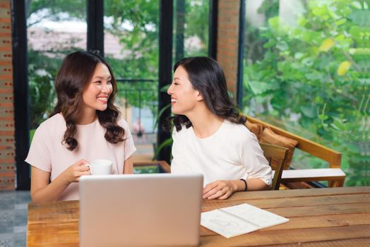 Two multiracial young female friends surfing the internet together on a laptop as they sit in a cafeteria enjoying a cup of coffee