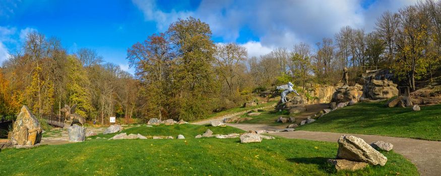 Uman, Ukraine 07.11.2020. Park sculpture in the Sofievsky arboretum or Sofiyivsky Park on a sunny autumn day