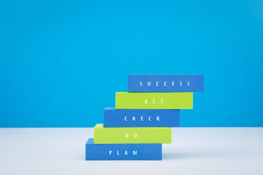 Business or personal development trendy modern concept. Blue and green blocks as ladder with written words plan do check act success on white table against blue background with copy space