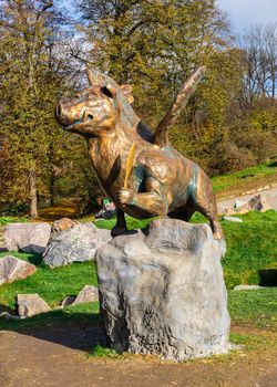 Uman, Ukraine 07.11.2020. Park sculpture in the Sofievsky arboretum or Sofiyivsky Park on a sunny autumn day