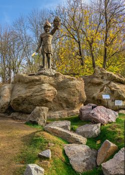 Uman, Ukraine 07.11.2020. Park sculpture in the Sofievsky arboretum or Sofiyivsky Park on a sunny autumn day