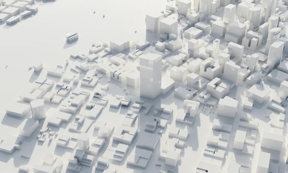 Skyscraper and metropolis city in monochrome. Architecture and Business city plan concept. Low polygon cityscape scene. Blueprint for mega project theme. Copy space. 3D illustration rendering