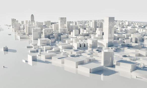 Skyscraper and metropolis city in monochrome. Architecture and Business city plan concept. Low polygon cityscape scene. Blueprint for mega project theme. Copy space. 3D illustration rendering