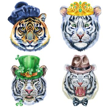 Watercolor illustration of tigers in beret, gold crown, Saint Patrick hat and brown hat