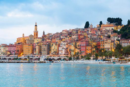 Menton, France - circa August 2021: view of the French Riviera, named the Coast Azur, located in the South of France. Sunrise light.