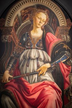 Florence, Italy - circa July 2021. Alessandro Botticelli - Fortitude, 1470. Renaissance Art in Uffizi Museum.