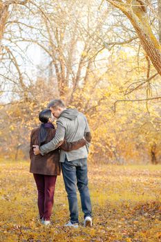 Autumn Caucasian Couple Standing Face-to-Face in a Park Full of Sun. Casual Style in Autumn Colors. Full-length. Fall Park Background. High quality photo