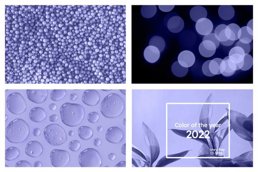 Color 2022 collage. Violet blue pictures with bokeh lights, flowers, cloth texture, paper and cosmetics backgrounds. Trendy soft backdrop for web design. Twisted fabric, beauty theme, dropper in macro