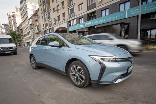 Chinese Electric vehicle Buick VeLite 6 on streets of Kyiv, near EV charging station. General Motors family next generation electric car based on Chevrolet Bolt technology . 17th of june 2021 Kyiv, Ukraine,. High quality photo