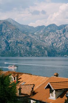View of the Kotor Bay against the background of mountains above the red-tiled roofs of houses. High quality photo