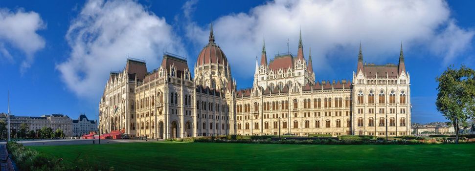 Budapest, Hungary 18.08.2021. Parliament building on the embankment of Budapest, Hungary, on a sunny summer morning