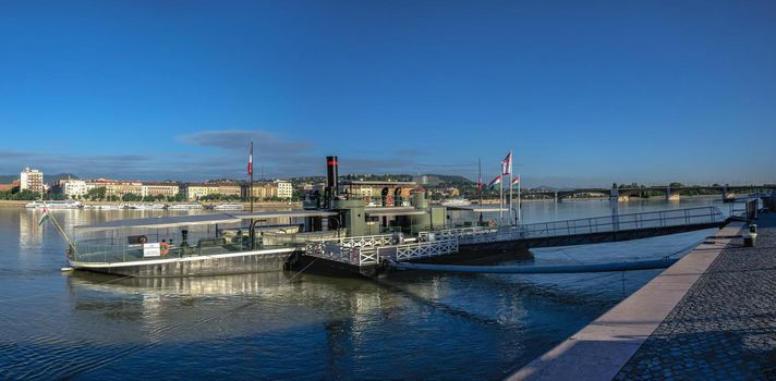 Budapest, Hungary 18.08.2021. Lajta Monitor museum on the banks of the Danube river on a sunny summer morning