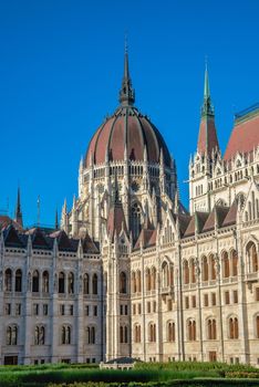 Budapest, Hungary 18.08.2021. Parliament building on the embankment of Budapest, Hungary, on a sunny summer morning