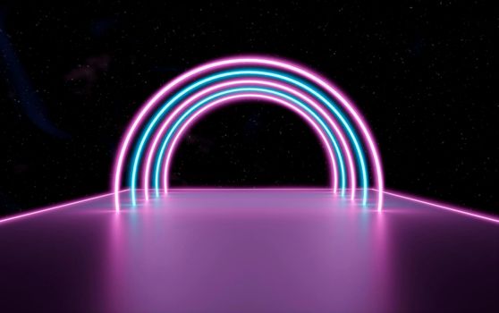 3d illustration, abstract cosmic neon background glowing laser arcs on platform