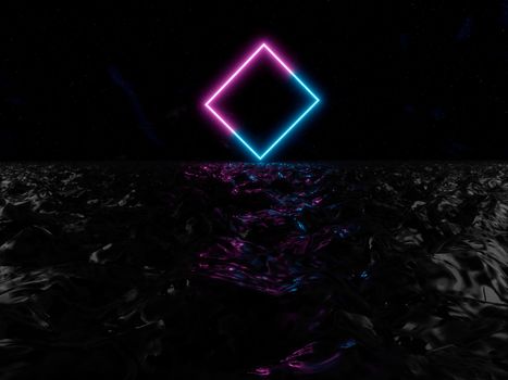 3d illustration, abstract background, cosmic landscape, square portal, pink blue neon light, virtual reality, energy source, glowing quad, dark space, ultraviolet spectrum, laser frame