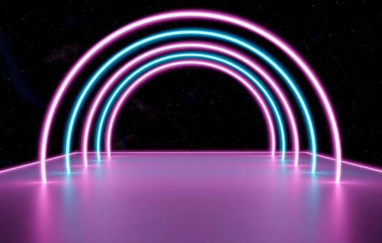 3d illustration, abstract cosmic neon background glowing laser arcs on platform