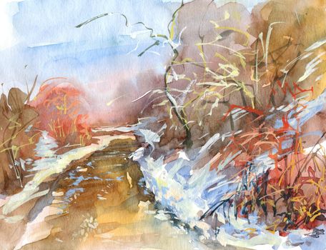 Winter landscape with snow, road, trees and sunshine - watercolor hand-made painting