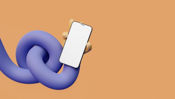 flexible cartoon hand with a mobile phone mockup and space for text. 3d rendering