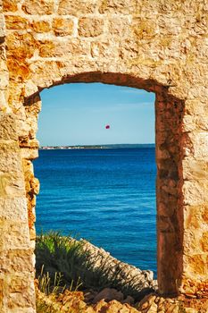 View on sea from Kastelina castle, fortress ruins on Vir island, Croatia, Europe. Summer time.