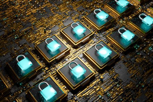 close-up of microchip padlocks on a golden electronic board. concept of blockchain technology, security, nft, crypto and metaverse. 3d rendering