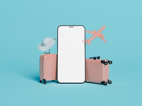 mockup of a cell phone with suitcases and an airplane around it. concept of travel, application, summer, vacation and technology. 3d rendering