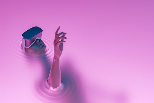 surrealistic scene of a girl with VR glasses immersed in liquid with neon lighting. metaverse concept, nft, creative art and technology. 3d rendering