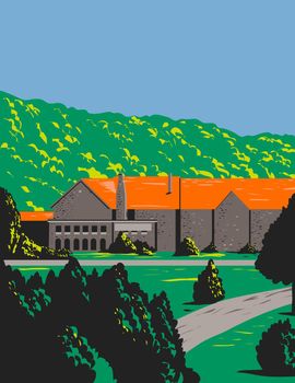 WPA poster art of the stone lodge with red roof and trees in front during spring done in works project administration or federal art project style.
