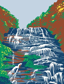 WPA poster art of Amicalola Falls State Park located between Ellijay and Dahlonega in Dawsonville, Georgia, United States of America USA done in works project administration style.