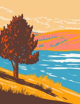 WPA poster art of Curt Gowdy State Park with Granite Springs Reservoir in Albany and Laramie counties, Wyoming, United States of America USA done in works project administration style.
