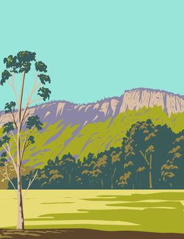 WPA poster art of Bago Bluff National Park situated south west of Wauchope in New South Wales, Australia done in works project administration or federal art project style.