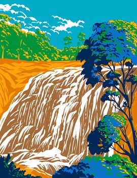 WPA poster art of Basket Swamp National Park with Basket Swamp Falls in Tenterfield New South Wales, Australia done in works project administration or federal art project style.
