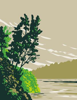 WPA poster art of Lake Poinsett State Park on western bank of Lake Poinsett on Crowley's Ridge in Poinsett County, Arkansas, United States of America USA done in works project administration style.
