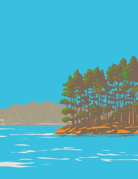 WPA poster art of Lake Catherine State Park on the south shore of Lake Catherine southeast of Hot Springs, Arkansas, United States of America USA done in works project administration style.
