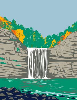 WPA poster art of Fall Creek Falls State Resort Park on the upper Cane Creek Gorge in Van Buren and Bledsoe counties Tennessee, United States of America USA done in works project administration style.
