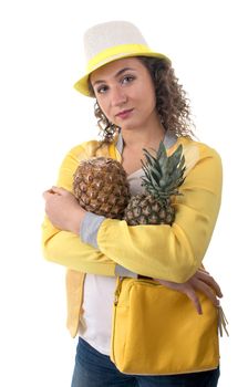 beautiful young woman with pineapple isolated on white