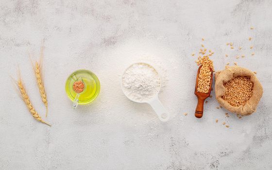 The ingredients for homemade pizza dough with wheat ears ,wheat flour and olive oil set up on white concrete background. top view and copy space.