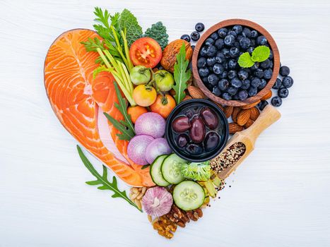 Heart shape of ketogenic low carbs diet concept. Ingredients for healthy foods selection on white wooden background.