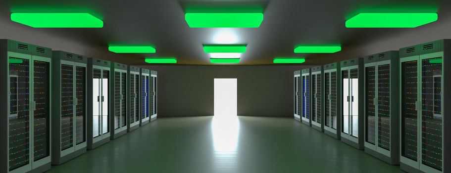 Server. Server racks in server room cloud data center. Datacenter hardware cluster. Backup, hosting, mainframe, mining, farm and computer rack with storage information. 3D rendering. 3D illustration