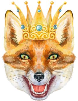Fox portrait in golden crown. Watercolor orange fox painting illustration. Beautiful wildlife world