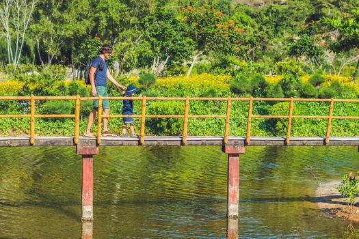 Father and son are walking along the bridge over the pond. Traveling with children concept.