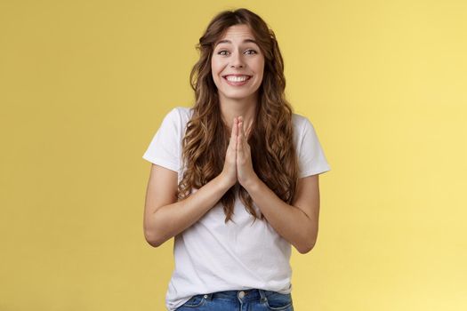 Please one small favor. Cute silly charming young girlfriend asking lend money press palms together praying supplication gesture implore you help hopefully smiling begging yellow background.