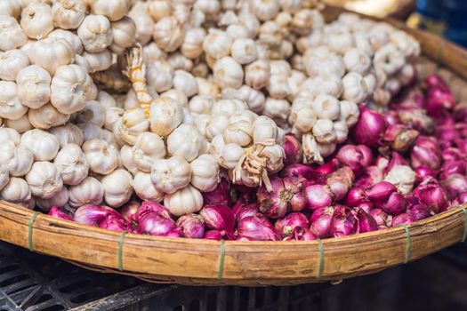 Garlic in the Vietnamese market. Asian food concept.