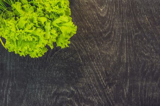 A variety of fresh organic herbs on an old wooden background.