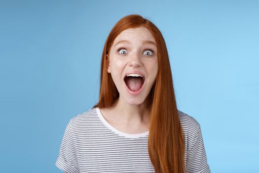 Amused thrilled enthusiastic surprised good-looking redhead girl wide eyes stunned drop jaw screaming astonished look impressed excited awesome news hearing incredible rumor, blue background.